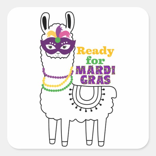 Bereit für Mardi Gras Lama Maske Perlen Federn Quadratischer Aufkleber (Vorderseite)