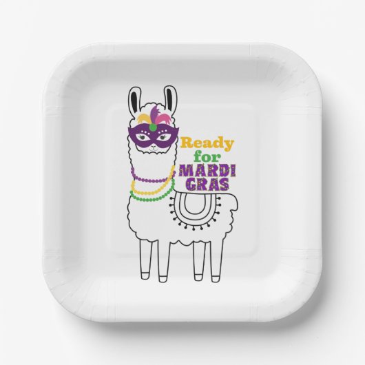 Bereit für Mardi Gras-Lamas-Maske Pappteller (Vorderseite)