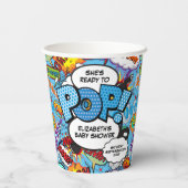 Bereit für Pop Baby Dusche Blue Comic Book Pappbecher (Rückseite)