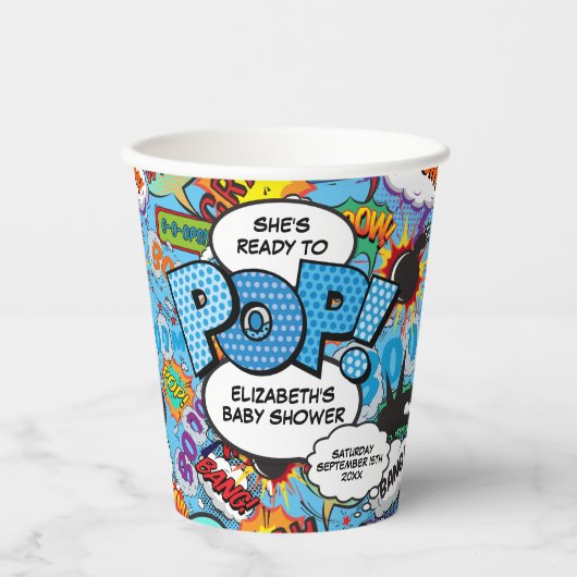 Bereit für Pop Baby Dusche Blue Comic Book Pappbecher (Vorderseite)