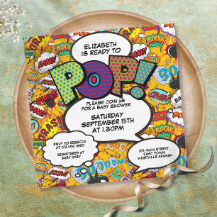 Bereit für Pop Babydusche Modernes Comic Buch Einladung