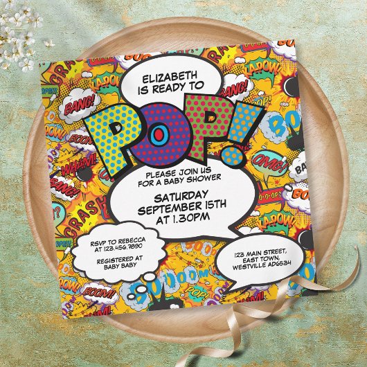 Bereit für Pop Babydusche Modernes Comic Buch Einladung