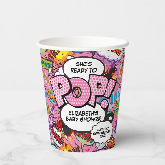 Bereit für Pop Babydusche Rosa Comic Buch Pappbecher (Rückseite)