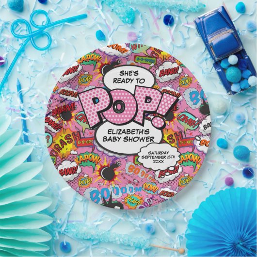 Bereit für Pop Babydusche Rosa Comic Buch Pappteller (Party)