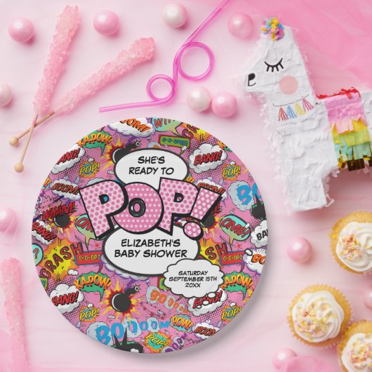 Bereit für Pop Babydusche Rosa Comic Buch Pappteller (Party)