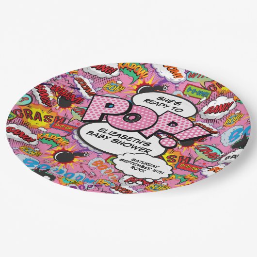 Bereit für Pop Babydusche Rosa Comic Buch Pappteller (Schrägansicht)