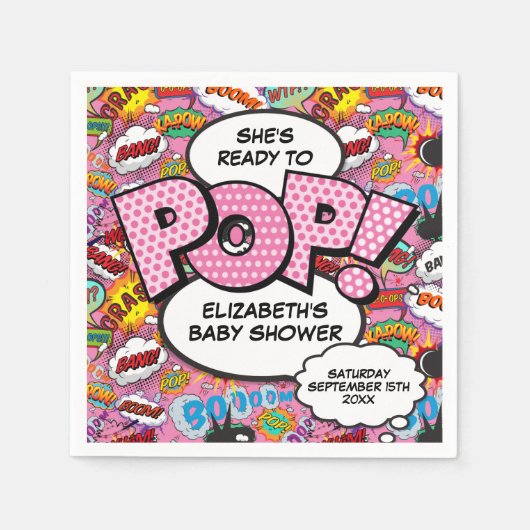Bereit für Pop Babydusche Rosa Comic Buch Serviette (Vorderseite)