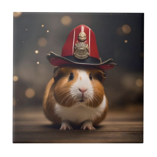 Bereit: Guinea Pig in einem Fireman-Hut, Fliese (Vorderseite)
