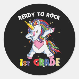 Bereit Rock First Grade Lehrer Kinder Unicorn Runder Aufkleber