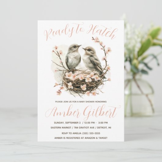 Bereit zum Hatch, Vögel in Nest Baby Dusche Einladung (Stehend Vorderseite)