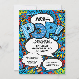 Bereit zum Platzen Baby Shower Comic Book Fun Blau Einladung