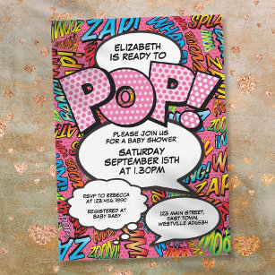 Bereit zum Pop Baby Dusche Comic Buchen Spaß Rosa Einladung