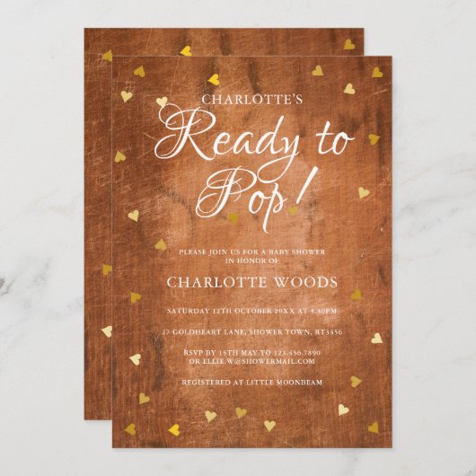 Bereit zum Pop Baby Shower Gold Hearts Rustikales Einladung (Vorne/Hinten)