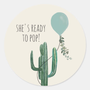 Bereit zum Pop Balloon Cactus Blue Boy Baby Shower Runder Aufkleber