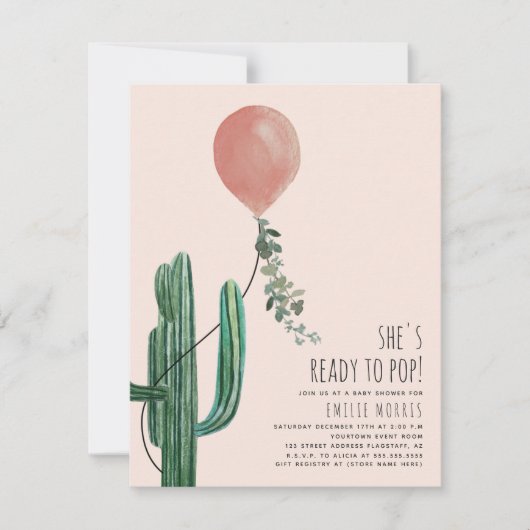 Bereit zum Pop Balloon Cactus Pink Baby Shower Einladung (Vorderseite)