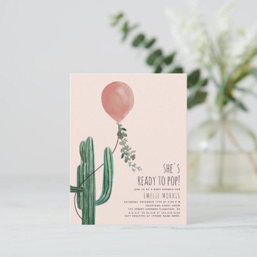 Bereit zum Pop Balloon Cactus Pink Baby Shower Einladung (Stehend Vorderseite)