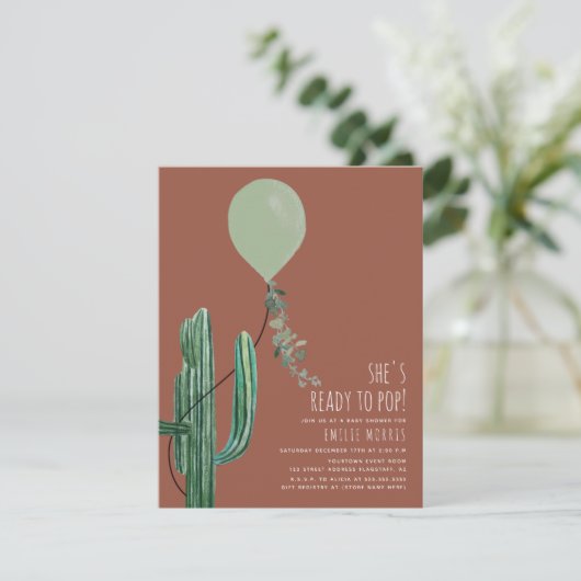 Bereit zum Pop Balloon Cactus Terracotta Babydusch Einladung (Stehend Vorderseite)