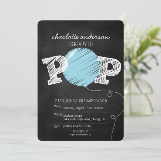 Bereit zum Pop Blue Balloon Boy Baby Dusche laden Einladung (Stehend Vorderseite)