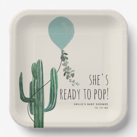 Bereit zum Pop Blue Balloon Cactus Boy Baby Shower Pappteller (Vorderseite)