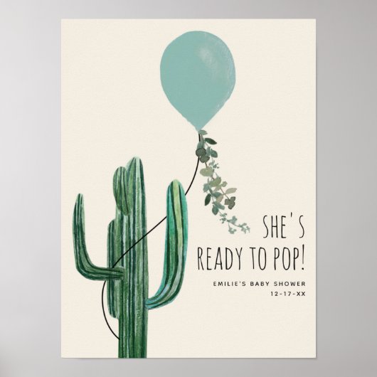 Bereit zum Pop Blue Balloon Cactus Boy Baby Shower Poster (Vorne)
