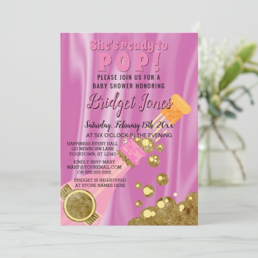 Bereit zum Pop Champagne Pink Baby Girl Dusche Einladung (Stehend Vorderseite)