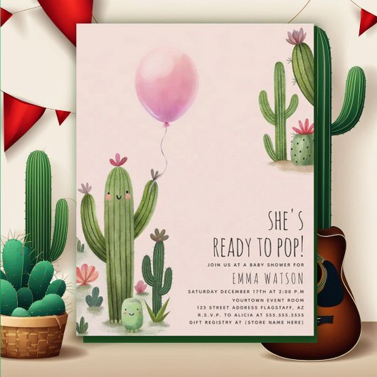 Bereit zum Pop Girl Balloon Cactus Green Baby Show Einladung