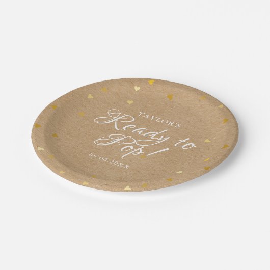 Bereit zum Pop Gold Hearts Babydusche Rustikale Kr Pappteller (Schrägansicht)