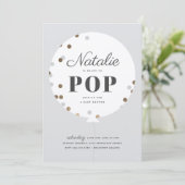 Bereit zum Pop Konfetti Ballon graue Babydusche Einladung (Stehend Vorderseite)