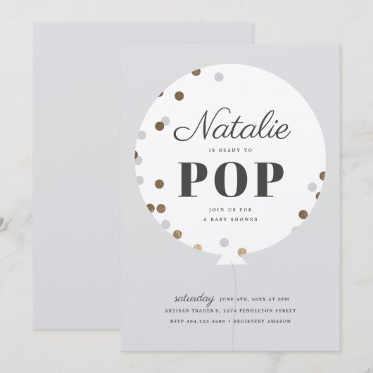 Bereit zum Pop Konfetti Ballon graue Babydusche Einladung (Vorne/Hinten)