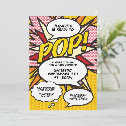 Bereit zum Pop Modernes Fun Comic Kinderdusche Einladung (Stehend Vorderseite)