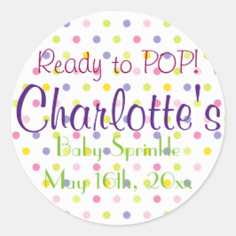 Bereit zum POP! Pastel Polka Dot Baby Sprinkle Runder Aufkleber