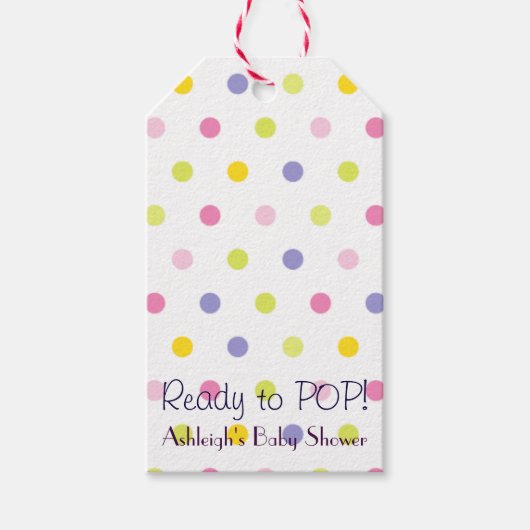 Bereit zum POP! Pastel Polka Dot Babydusche Geschenkanhänger (Vorderseite)
