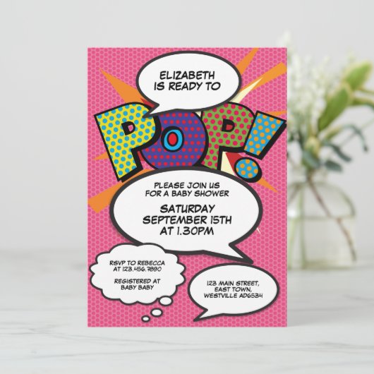 Bereit zum Pop Pink Baby Dusche Comic Foto buchen Einladung (Stehend Vorderseite)