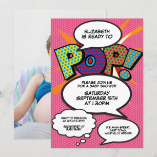 Bereit zum Pop Pink Baby Dusche Comic Foto buchen Einladung