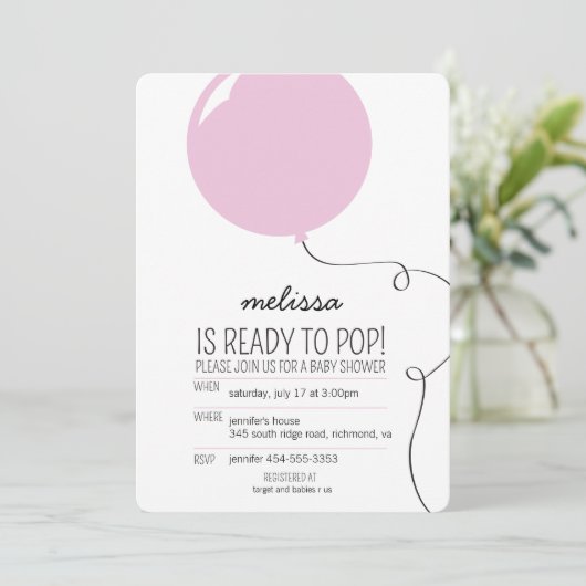 Bereit zum Pop Pink Balloon Girl Babydusche Einlad Einladung (Stehend Vorderseite)