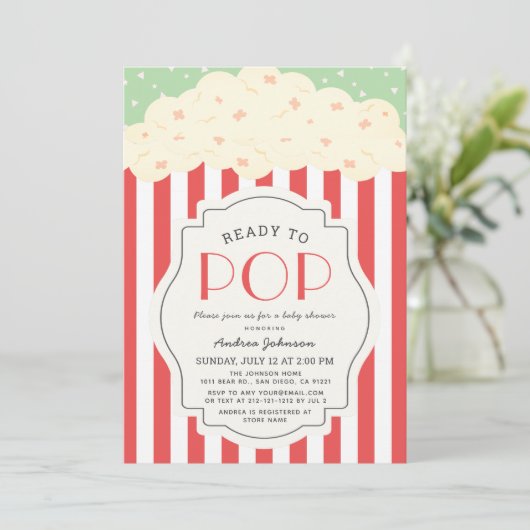 Bereit zum Pop Popcorn Red Stripe Baby Dusche Einladung (Stehend Vorderseite)