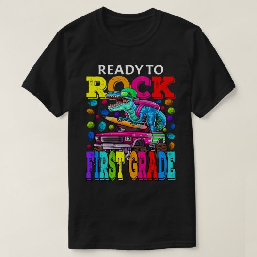 Bereit zum Rock First Grade Monster Truck Dinosaur T-Shirt (Design vorne)