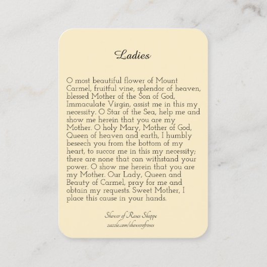 Berg Carmel Religiöse katholische Gebetskarte Visitenkarte (Rückseite)