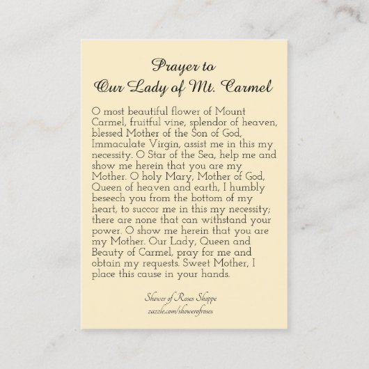 Berg Carmel Religiöse katholische Gebetskarte Visitenkarte (Rückseite)