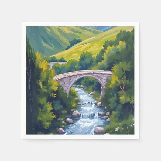 Berg Fluss Brücke Grüne Wasserfarbenlandschaft Serviette (Vorderseite)