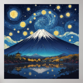 Berg Fuji in der sternenklaren Nacht Poster