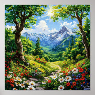 Berg im Wald mit Blumen und Bäumen Poster