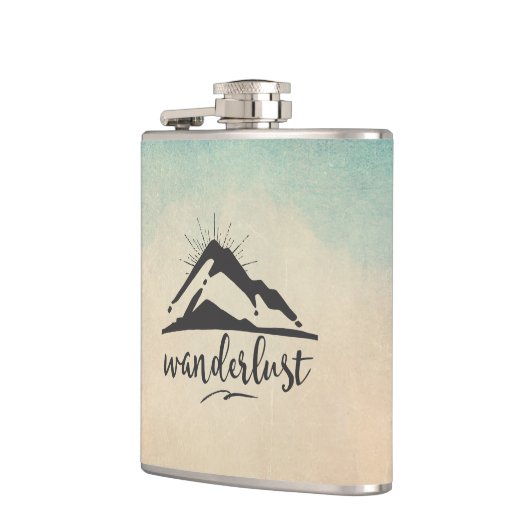 Berg mit Sonnenstrahlen und Wanderlust Typografie Flachmann (Links)