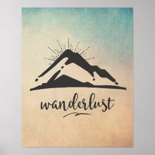 Berg mit Sonnenstrahlen - Wanderlust Typografie Poster