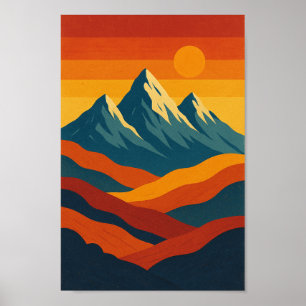 Berg Retrolandschaft Abbildung rot blau Poster