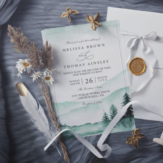 Berg-Rustikale-Grün-Elagante-QR-Code-Hochzeit Einladung