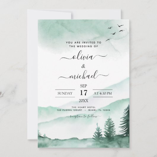 Berg Rustikale Wasserfarbenwelt Hochzeit Invita Einladung (Vorderseite)