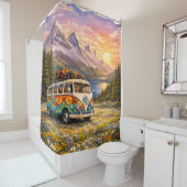 Berg-Sonnenuntergang-Wildblumen Retro-Hippie-Van-L Duschvorhang (Beispiel)