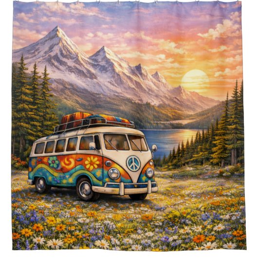 Berg-Sonnenuntergang-Wildblumen Retro-Hippie-Van-L Duschvorhang (Vorderseite)