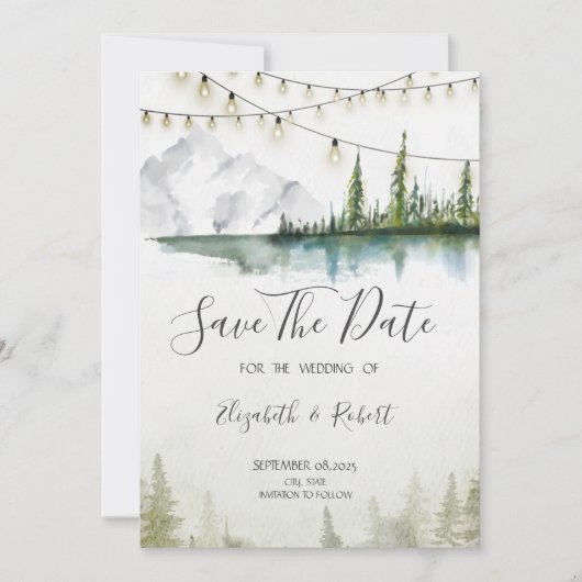 Berg, Wald, See, Lichter Chic Save the Date (Vorderseite)